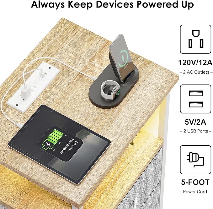 Fixwal Night Stand with Charging Station, Led Nightstand, 2 Fabric Drawers - Image 4