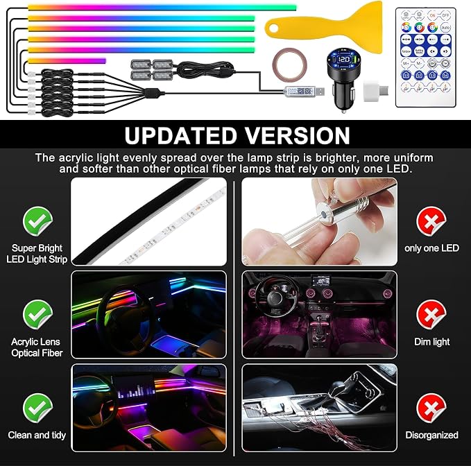 Dreamcolor Acrylic Interior Car LED Strip Light with USB/Type C/4-Port Cigarette Lighter, RGB 10 in 1 with 187 inches 650 LEDs Ambient Lighting Kits, Sound Active Function Neon Led Strips for Car - Image 6
