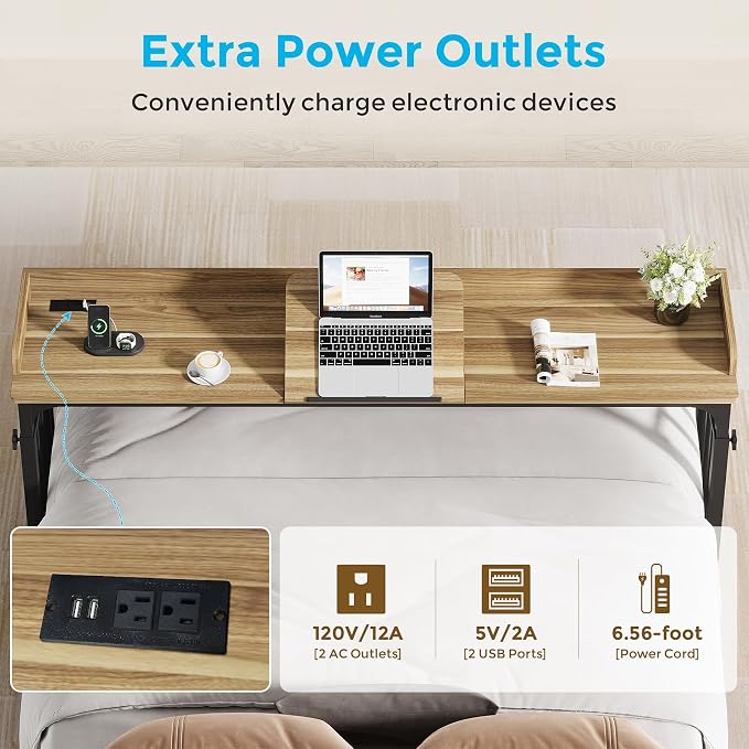 71 in Queen Size Overbed Table with Wheels, Light Brown - Image 4