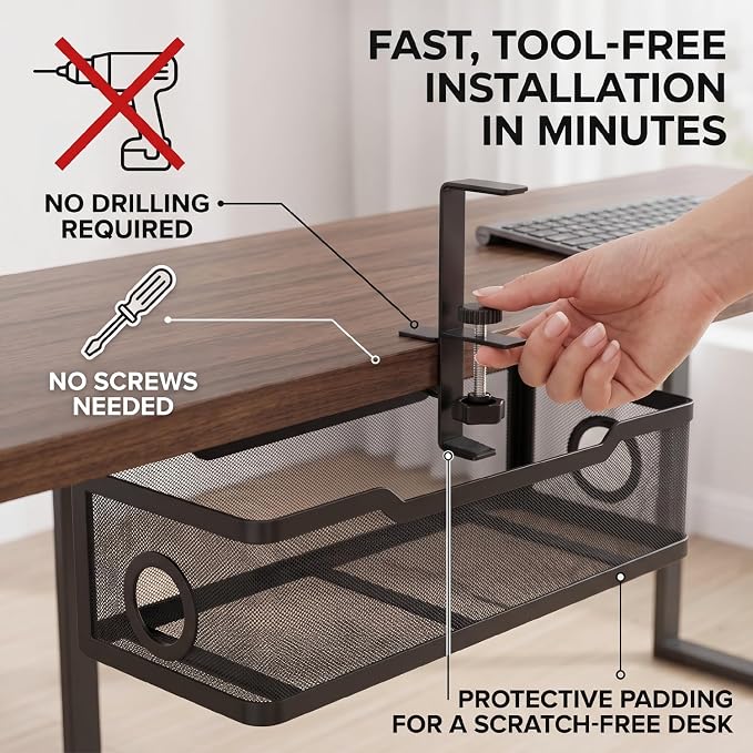 Under Desk Cable Management Tray, No Drill Cable Organizer for Desk, Metal Wire Management Basket with Clamp Mount, Cord Organizer Holder for Standing Desk, Home Office and Gaming Setup - Image 3