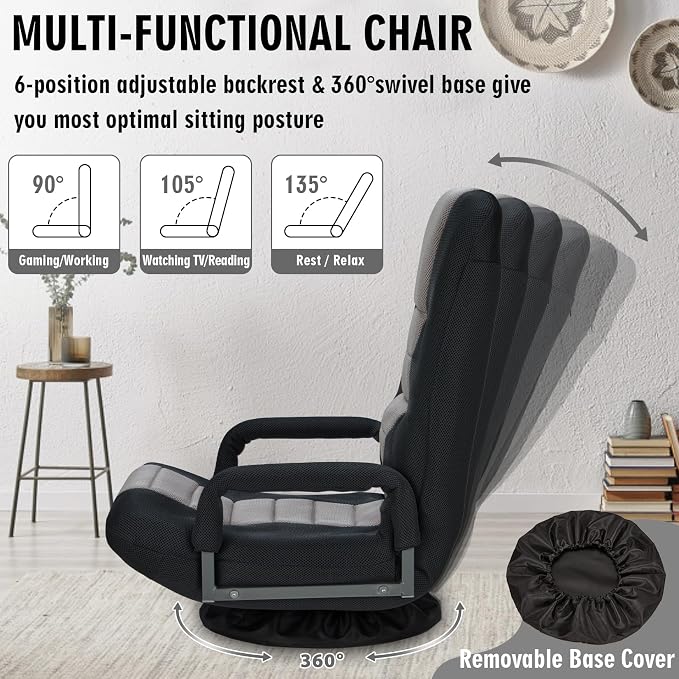 Swivel Floor Gaming Chair w/Armrests,Folding Video Reclining Sofa w/6 Adjustable Position, Padded Backrest & Cushion, Lazy Lounger Couch for E-Sports, Reading, Relaxing, Watching TV, Grey - Image 4
