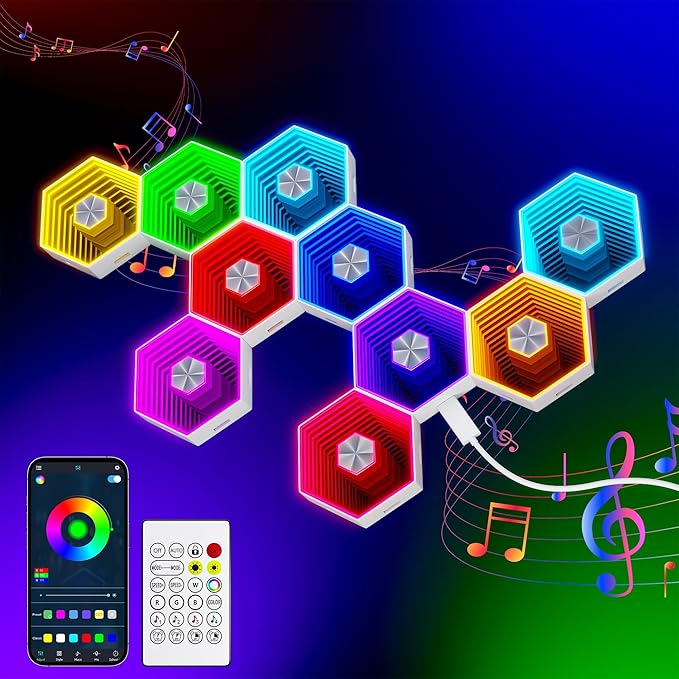 10 Pack Hexagon Led Lights, 90mm Smart Hexagon, Smart App RGB Gaming Led Light, with Remote Control & Music Sync Honeycomb Shape Hexagon Wall Lights for Bedroom, Living Room Wall by LPDISPLAY
