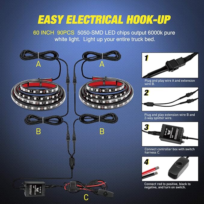 Nilight - TL-31 2PCS 60Inch RGB Truck Bed Light Strip Kit 180 LED RF Remote Control with On Off Switch Blade Fuse 2Way Splitter Extension Cable for Cargo Pickup Truck SUV RV Boat, 2 Years Warranty - Image 6