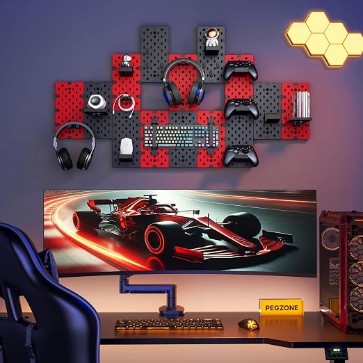 PEGZONE Controller and Headphone Holder Wall Mount, 14pcs, Black & Red | Modular Gaming Pegboard with Accessories, Controller Stand, Disc Shelf Organizer - Image 7