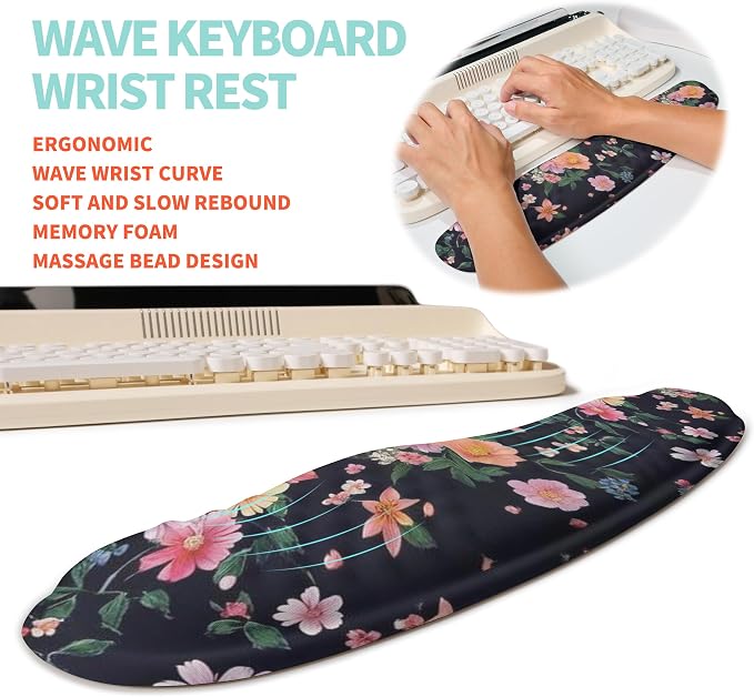 2-in-1 Ergonomic Set, Wave Rise Keyboard Wrist Rest and Massage Bulge Slope Mouse Pad Wrist Support, Cushion Memory Foam Integrated to Relieve Wrist Pain, Flower Dance - Image 2