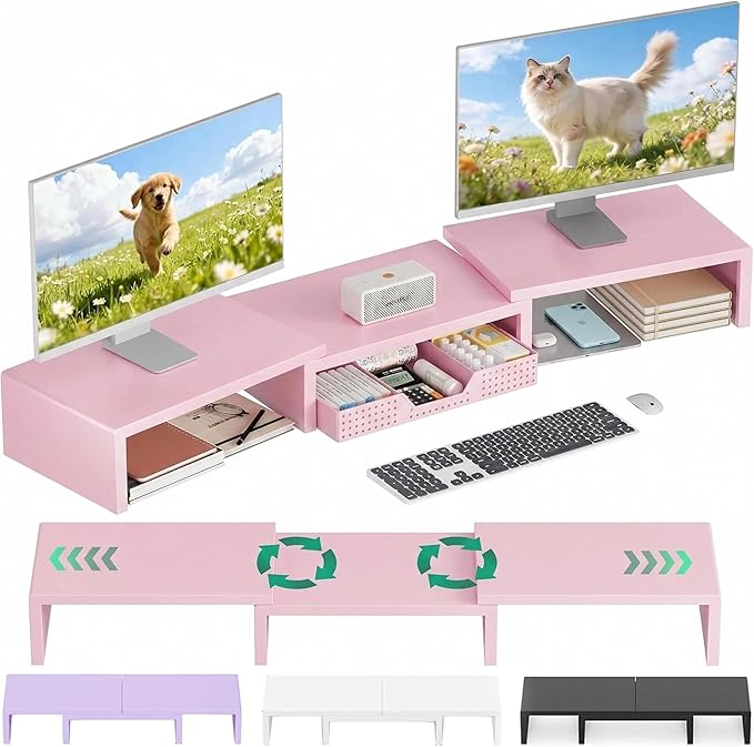 OPNICE Dual Computer Monitor Stand Riser, Desk Organizer with Drawer, Office Desk Accessories & Workspace Organizers for Home Office Supplies, Pink by OPNICE