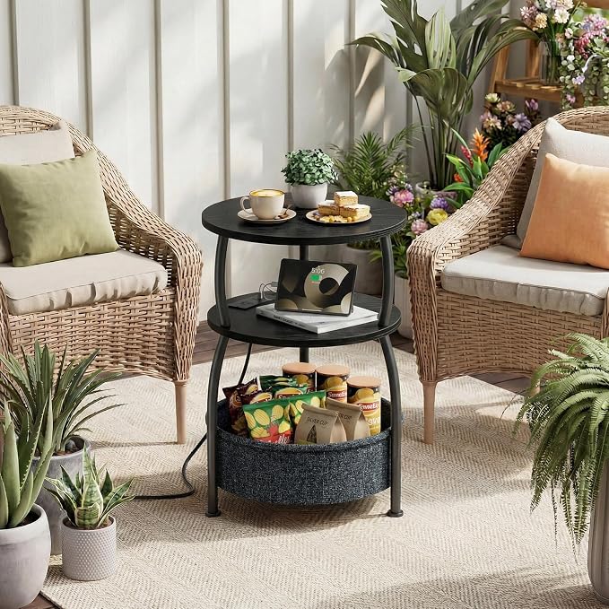 Round Side Table with Charging Station, USB Type C Port, Black - Image 8