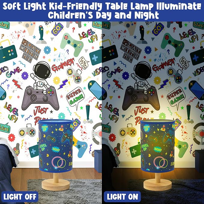Kids Gaming Lamp for Boys Bedside Lamp with Linen Wooden Nightstand Cartoon Nursery Video Game Lampshade for Kids Gamer Decor - Image 7
