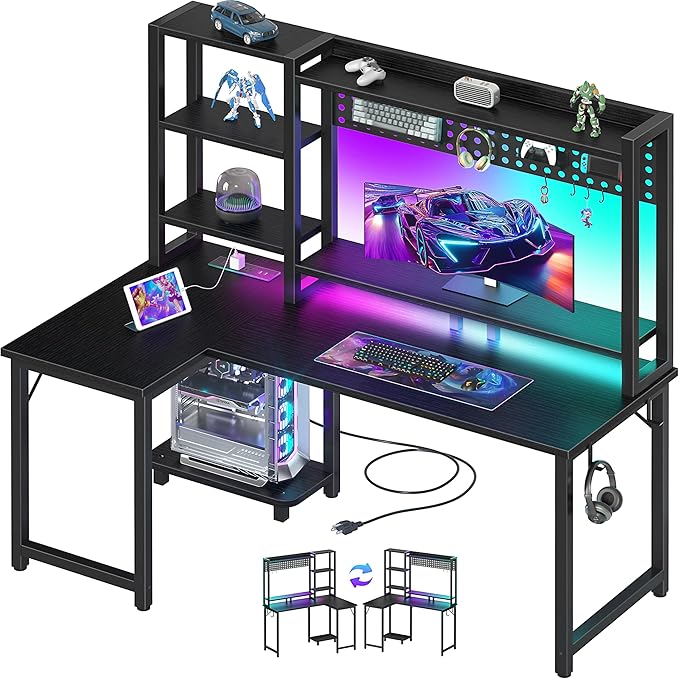 L Shaped Desk with Hutch - 48 inch Corner Computer Gaming Desks with Storage Shelves Reversible Pegboard Led Lights Power Outlets PC Monitor Stand for Bedroom, Black by Unknown