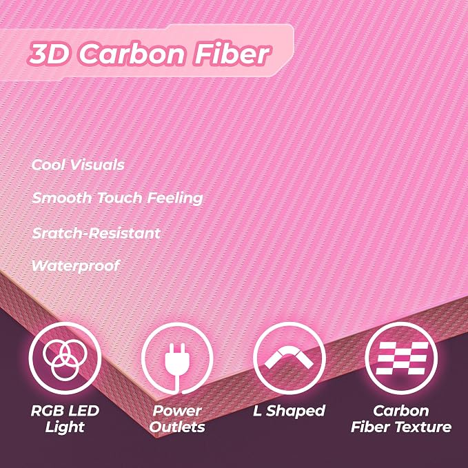 Huuger L Shaped Gaming Desk with Power Outlets & LED Lights, Computer Desk with Monitor Shelves, Carbon Fiber Surface, Home Office Desk, Corner Gaming Desk with Hooks, Carbon Fiber Pink - Image 8