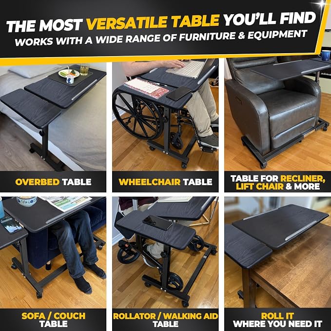 Recliner Table, Over the Bed Table with Wheels, Adjustable Width & Height, with Split Tilt Design & 4 Caster Wheels with Brakes (Black Oak Tabletop, Black Base) - Image 7