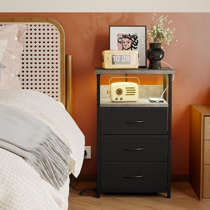 Fixwal Night Stand with 3 Fabric Drawers, Nightstand with Charging Station - Image 7