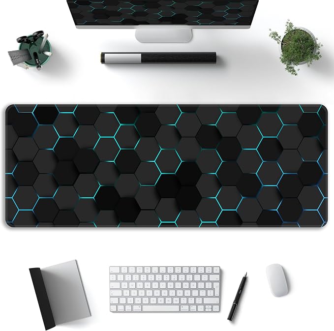 Blue Hexagon Honeycomb Desk Mat, XL 31.5"x11.8" Large Mouse Pad, Geometric Extended Gaming Mouse Mat,Non-Slip Rubber Base Waterproof with Stitched Edges for Gaming Office Home Decor - Image 2