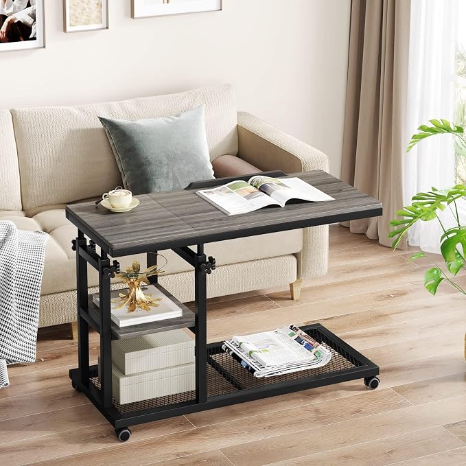 Tribesigns Height Adjustable C Table with Wheels, Mobile Couch Snack Side Table with Tiltable Drawing Board, Sofa Bedside Laptop Stand C Shaped TV Tray with Storage Shelves (Grey) - Image 4
