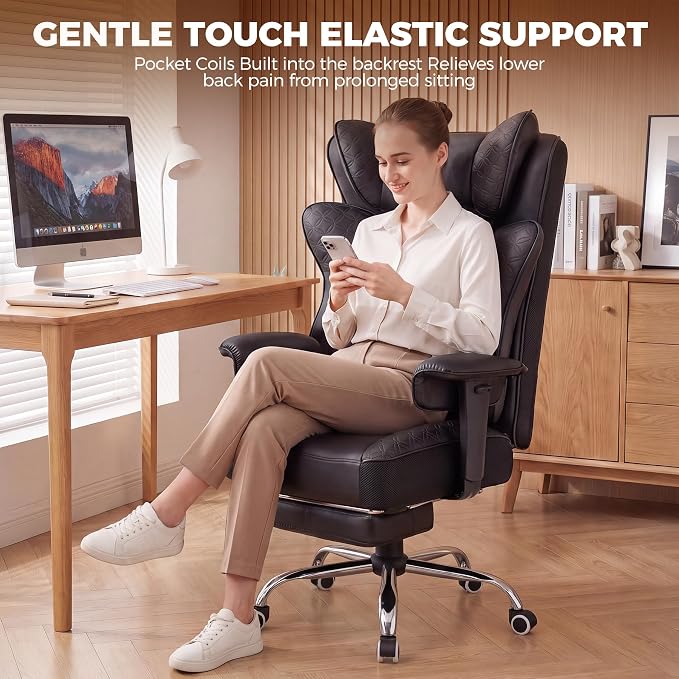 GTPLAYER Big and Tall Office Chair Wide Ergonomic Gaming Chair with Deluxe Embossing Designed Leather with Foot Rest,150°Reclining Adjustable Soft Armrests Pocket Spring Back Support and Pillow - Image 3