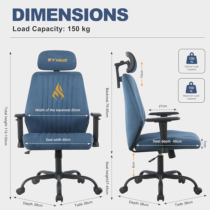Symino Office Chair Ergonomic with 109° Rocking Function, Breathable Suede Fabric, Integrated Lumbar Support, Adjustable Headrest & Armrests, Swivel Desk Chair - Image 3