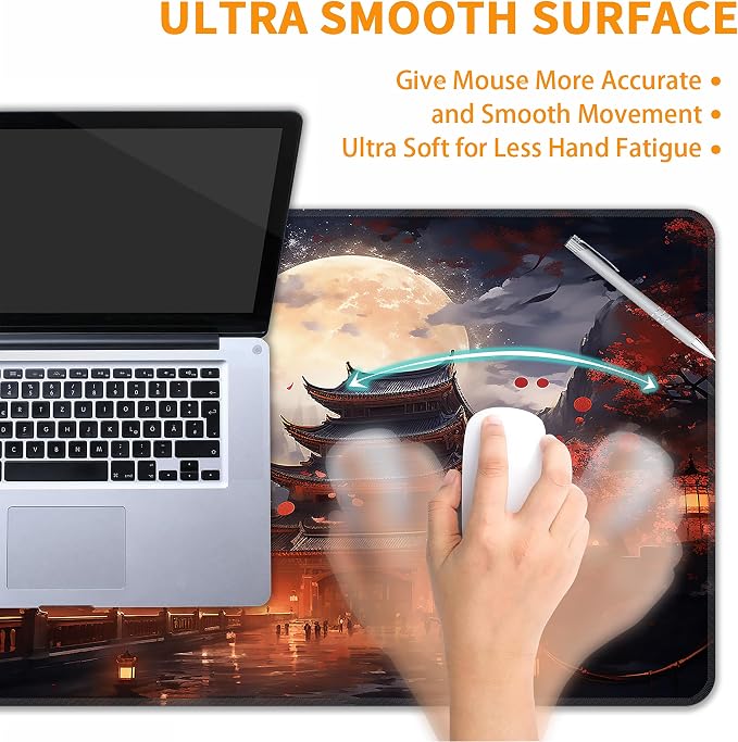 Japanese Desk Mat, XXL 35.4"x15.7" Large Mouse Pad, Full Moon Extended Gaming Mouse Mat,Non-Slip Rubber Base Waterproof with Stitched Edges for Gaming Office Home Decor - Image 5
