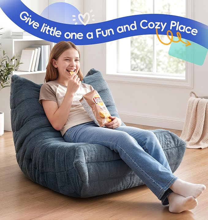 Hobestluk Medium Bean Bag Chairs Lounge Floor Chair BeanBag Couch Togo Sofa | Ergonomic Design,Memory Foam,No Assembly,Faux Fur Fireside Chair Back Support for Reading Playroom | Bluegrey Plush Medium - Image 9