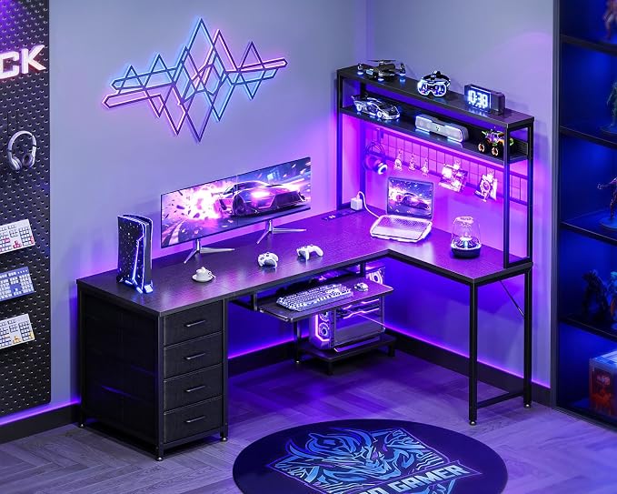 AODK 59 Inch L Shaped Gaming Desk with 4 Drawers, Keyboard Tray, Black | LED Lights, Power Outlets, Metal Grid Panel, Display Shelves, PC Tower Stand, Reversible Layout for Gaming and Home Office - Image 2