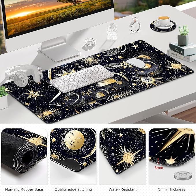 Gaming Mouse Pad, Large Desk Mat, Cute Desk Pad Protector, 4in1 XXL Mousepad + Keyboard Wrist Rest+Mouse Wrist Rest+Coaster Set with Ergonomic Desk Pad for Home Office PC Computer, Stars and Moon - Image 7