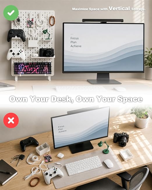 Clamp-On Desk Pegboard Organizer, 14 Accessories, White | 14 Peg Board Accessories, Controller Holders, Keyboard Stand, Headphones Holder, Cable Storage for gaming setups, home office - Image 2