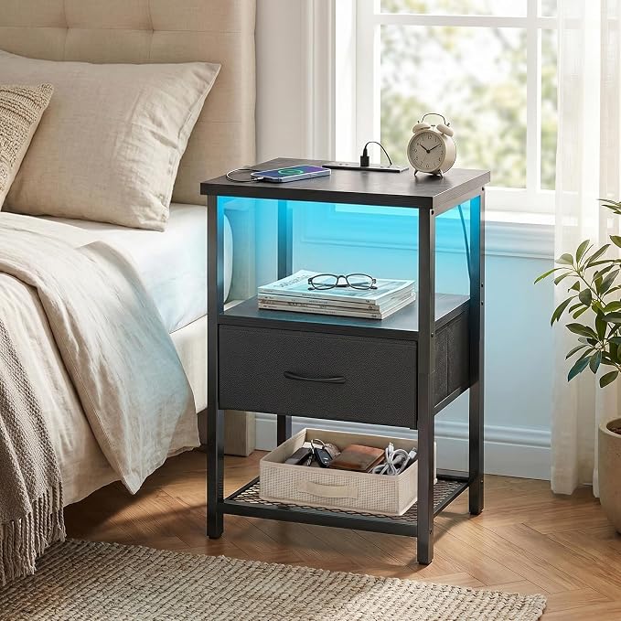 Fixwal Night Stand with Charging Station, Black Led Nightstand, 1 Drawer - Image 2