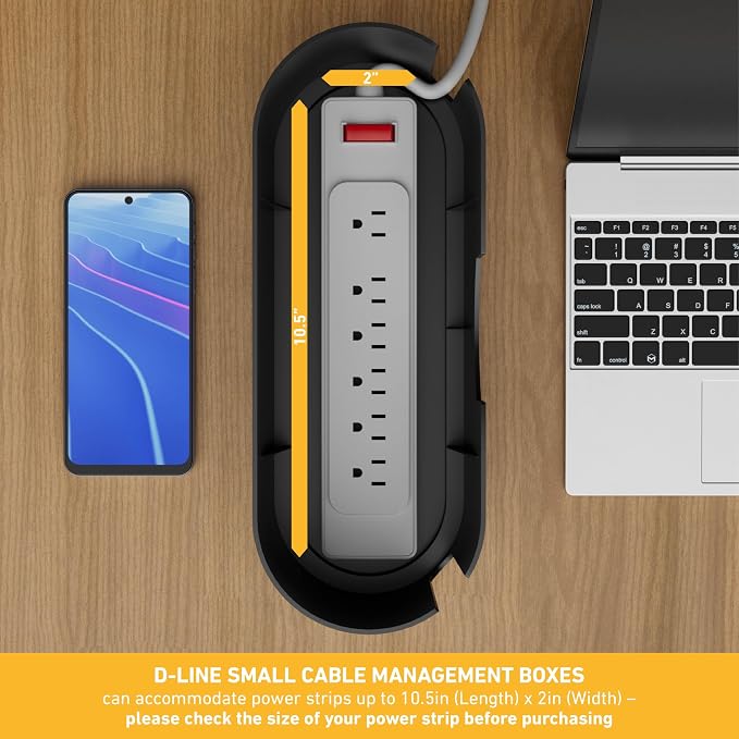 D-Line Cable Management Box, Power Strip Cover, Floor Outlet Hider, Desk Cord Organizer, Hide Extension Leads, 12.75" (L) x 5" (W) x 4.5" (H), for use with Power Strips up to 10.5in (L) - Small, Black - Image 3