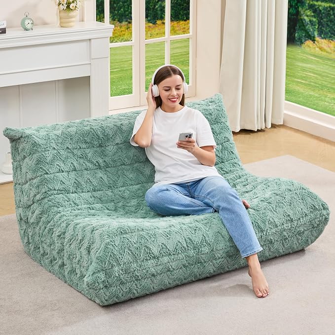 Hobestluk Large Bean Bag Chairs for Adults Fireside BeanBag Couch Togo Sofa | Ergonomic Design,Memory Foam,No Assembly,Faux Fur Fireside Lounge Floor Chair Back Support Dorm Room | Green Chevron Loveseat - Image 3