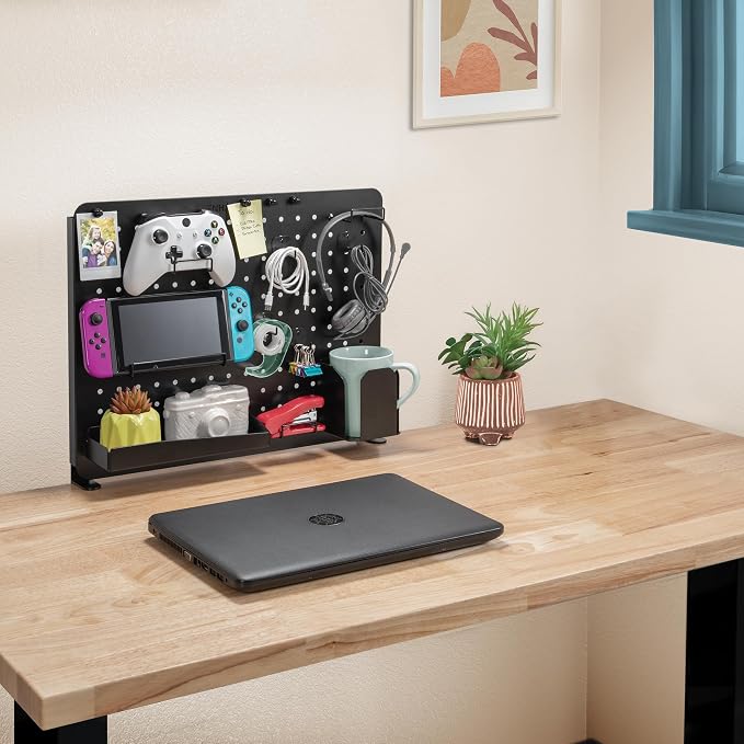 ENHANCE Metal Pegboard Desk Organizer (18 x 14 in) Clamp On Desk Peg Board with 14 Attachments, Pegboard Shelf and Pegboard Hooks, Desktop Organizer for Home Office, Crafts, or Gaming Setups - Image 3