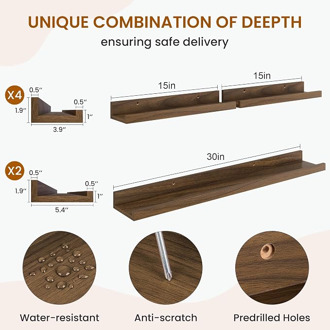 Picture Ledge Shelf, Floating Shelves for Wall Decor, Walnut, 6Pcs, 30'' - Image 3