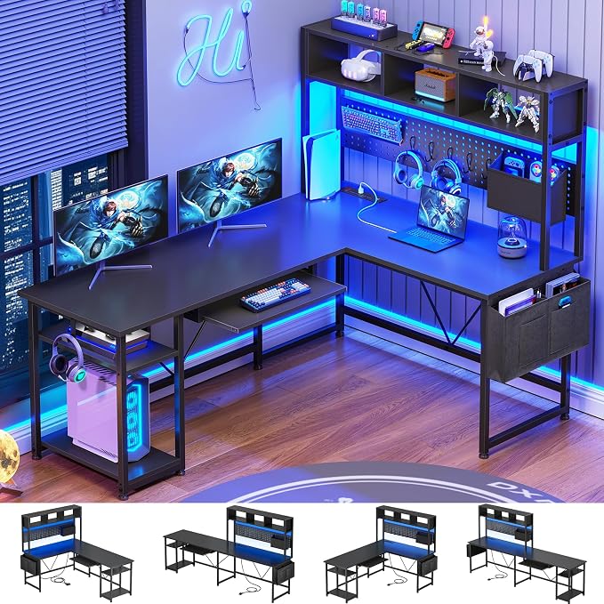 SEDETA L Shaped Gaming Desk with Hutch, 57.5” Reversible Corner Computer Desk with Storage Shelves, Gaming Desk with Pegboard, LED Lights, Power Outlet, Keyboard Tray and Storage Bag, Black by SEDETA