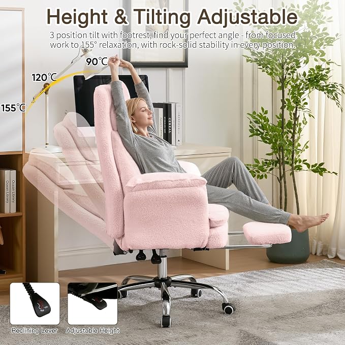 JOMEED Cloud Cross Legged Office Chair with Footrest,Flip Armrest,Pink | Ergonomic Teddy Big and Tall Executive Chair with Wheels,155° Reclining Computer Wide Desk Chair for Home,Office - Image 8