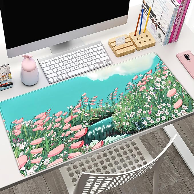 Cute Anime Floral Desk Mat Sage Green Large Mouse Pad XL Gaming Mousepad Kawaii Desk Keyboard Pad Laptop Computer Mouse Mat Cute Desk Decor Desk Pads On Top of Desks for Desktop 31.5''X 15.7'' - Image 2