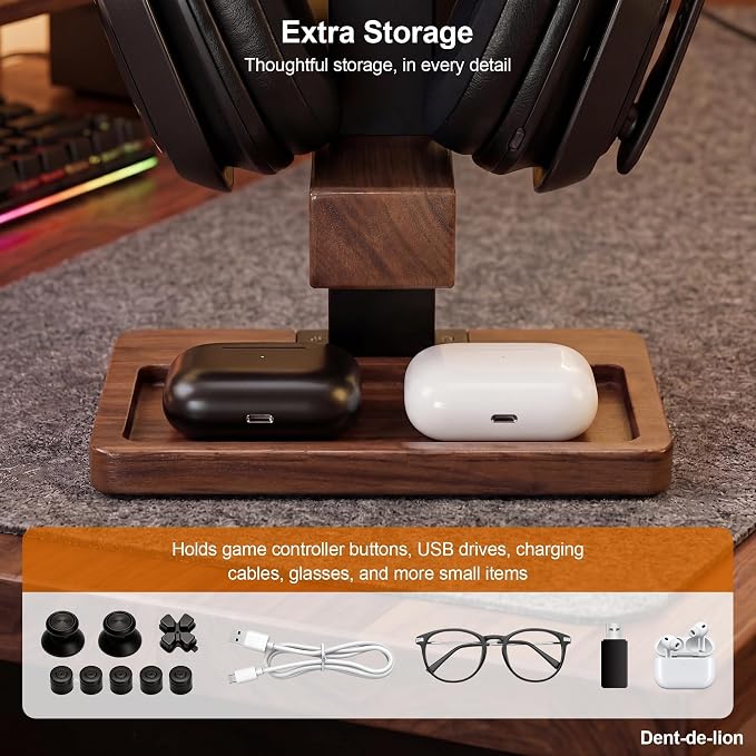 2-in-1 Solid Wood Headset Stand with Dual Game Controller Holder | Gaming Headphone Stand with Storage Base, 6 Joystick Sponge Rings and 8 Thumb Grips Gaming Equipment Accessories for Desk - Image 7