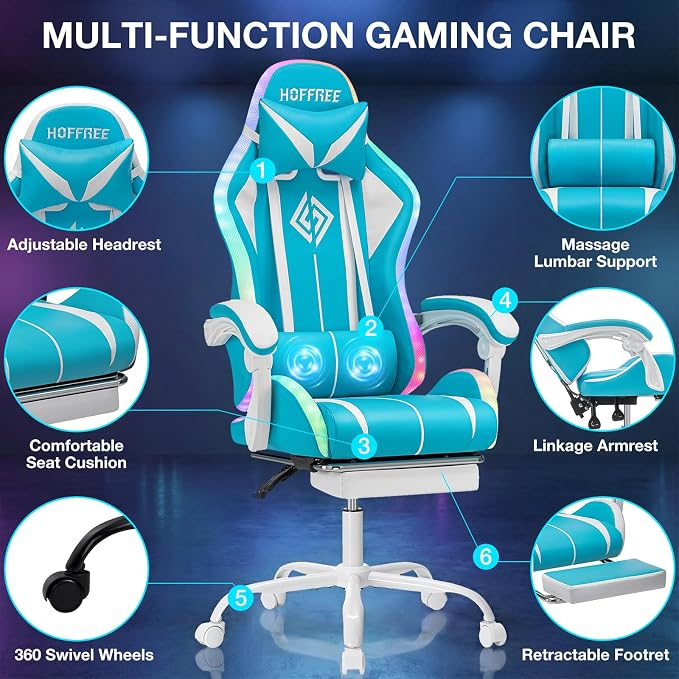 RGB Gaming Chair with LED Lights Massage Ergonomic Computer Chair-Sky Blue | High Back Video Game Chair with Footrest & Adjustable Lumbar Support Gamer Chairs for Adults Racing Style Recline - Image 9