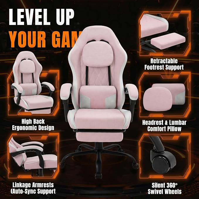 Shintenchi Gaming Chair, Ergonomic Office Chair with Footrest, Lumbar Support and Linkage Armrests, Swive Home Video Game Chairs for Adults, Pink - Image 4