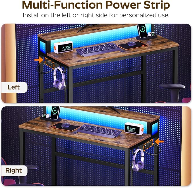 YATINEY Small Computer Desk with Charging Station and LED Lights, Gaming Desk with Monitor Stand, 2-Tier Home Office Desk with 4 Side Hooks, for Living Room, Home Office, Rustic Brown DN01UDBRY2 - Image 8