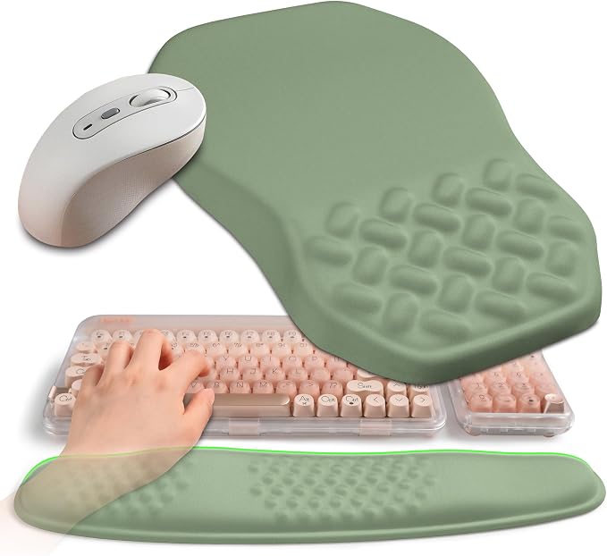 2-in-1 Ergonomic Set, Wave Keyboard Wrist Rest and Massage Slope Mouse Pad Wrist Support, Rebound Memory Foam for Relieve Carpal Tunnel Syndrome and Wrist Pain (Olive Green) by Gleamtide