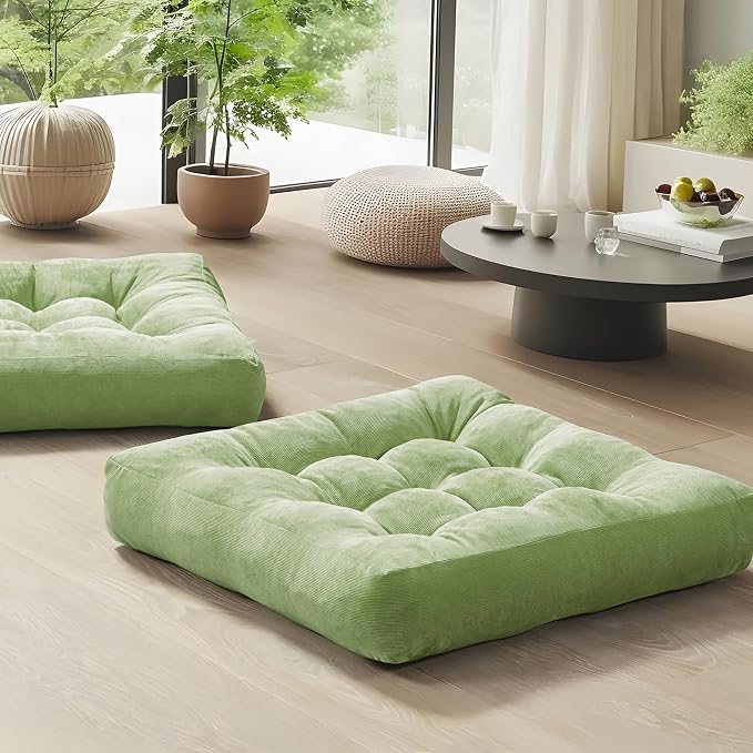 Floor Pillows Set of 2, Large Meditation Cushion for Adults, 22 Inch Square | Reading nook & office use, Tatami seating, Corduroy cover, 3.5 in thick, Shredded memory foam fill, Green yoga pad by DegreesofComfort