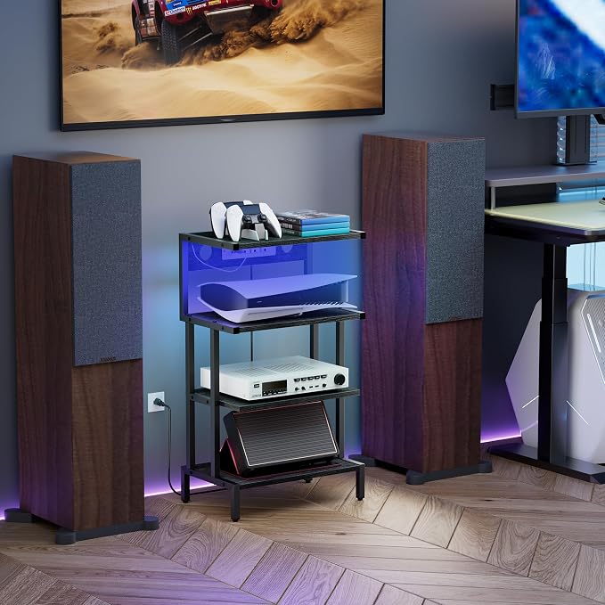 Aquzee Game Console Shelf, 4-Tier Video Gaming Consoles Stand with Outlet & RGB Light, Small Media Entertainment Center for Audio Stereo Storage Organizer Playroom Furniture, Stereo Stands and Racks - Image 7