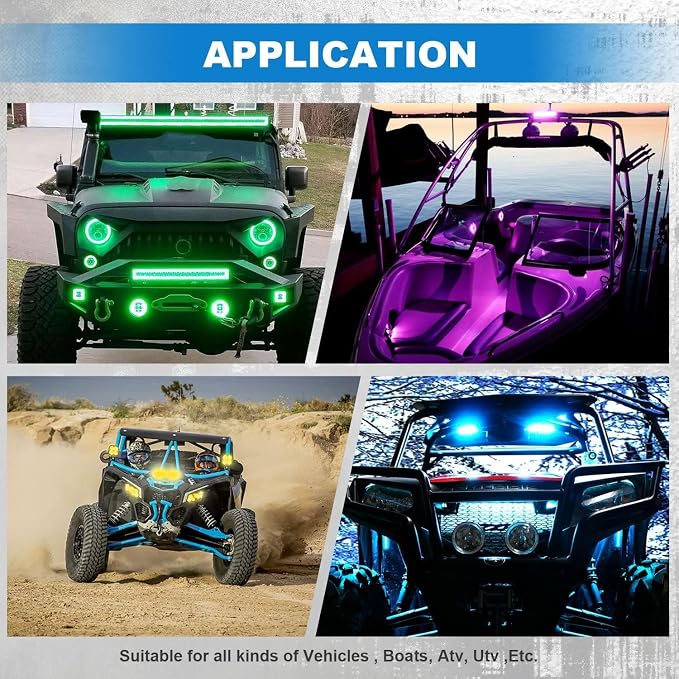 Lpteso 4X 4Inch LED Flood Work Pods with RGB Chasing Halo Ring Fog Lights - Image 8