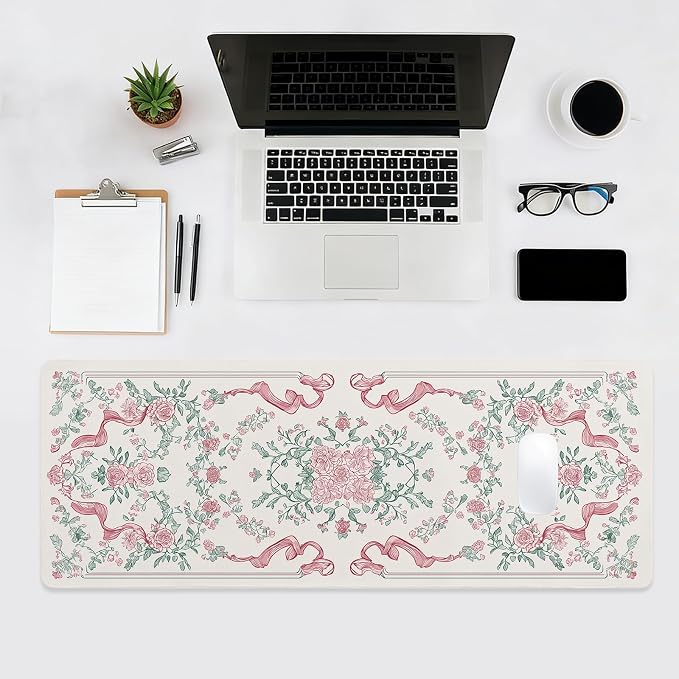 Pink Floral Gaming Mouse Pad, Desk Mat, XL Large Mousepad Non-Slip, Desk Pad, Extended Big Keyboard Mat for Desktop Decor, Office Desk Accessories for Women, 31.5x11.8in - Image 4