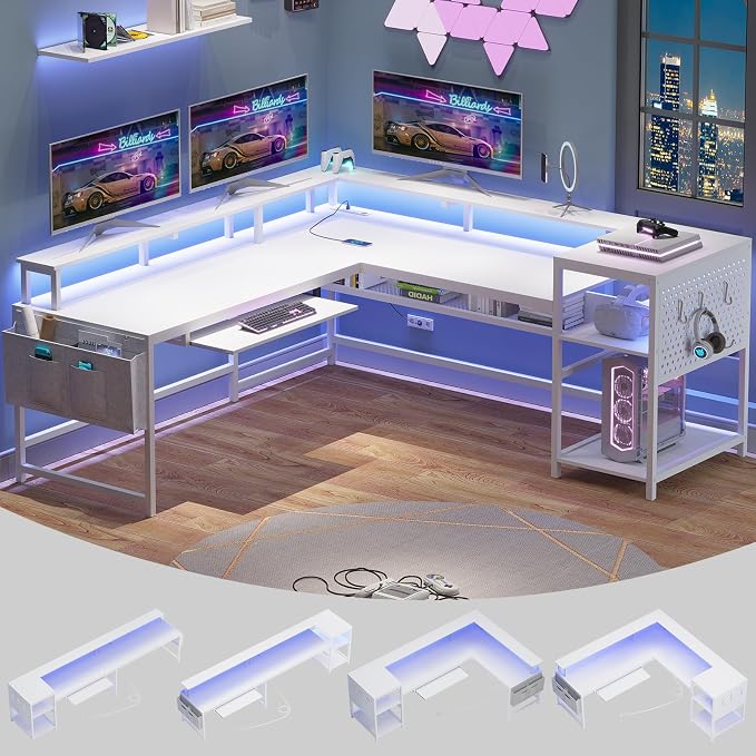 SEDETA L Shaped Gaming Desk, Reversible Computer Desk, Gaming Desk with Power Outlets & LED Strip, Monitor Shelf, Keyboard Tray, Pegboard and Storage Shelves for Home Office, White by SEDETA