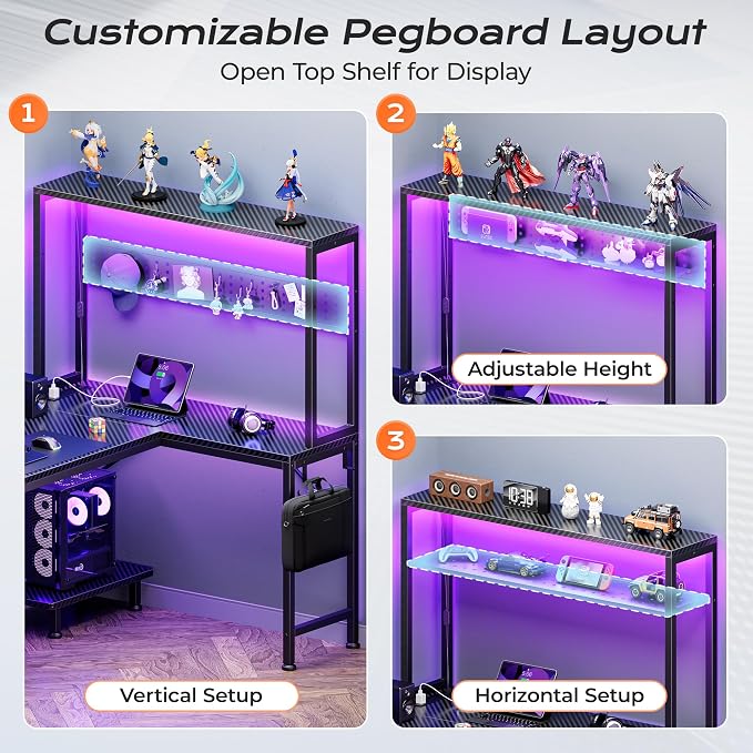PRAISUN L Shaped Gaming Desk with LED Lights & Power Outlets | Reversible Computer Desk with Storage Shelves & Bag, Large Corner Home Office Desk for Work from Home, Carbon Fiber Black - Image 8