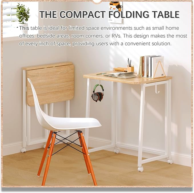 4NM 23.6" Mobile Small Folding Desk, Foldable Rolling Computer Home Office Desk, Study Writing Table for Small Space Saving Bedroom, with Wheels - Natural and White - Image 3