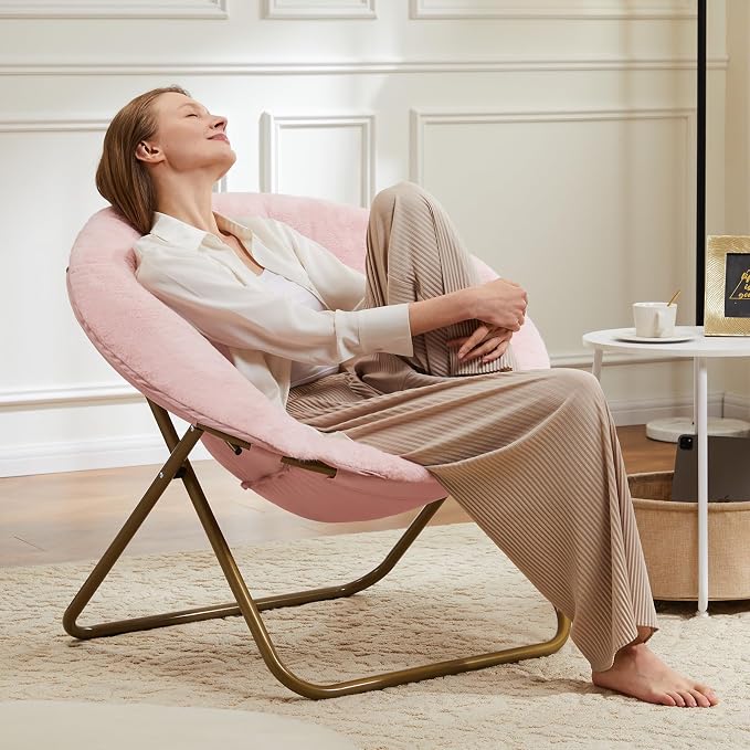 DUMOS Faux Fur Saucer Chair, Living Room Folding Lounge Chair | XL Circle Moon Mushroom Style, Gaming Dorm Small Spaces, Foldable Oversized Accent Seat, Reading - Image 8
