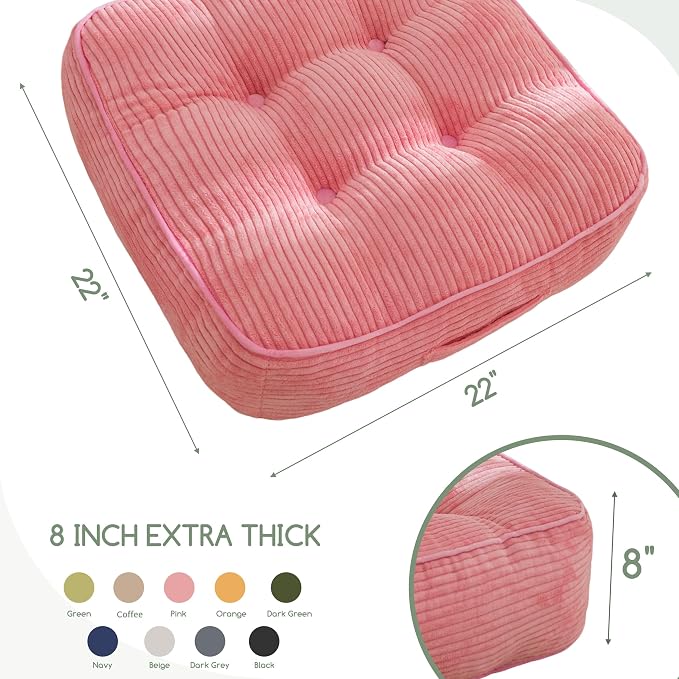 HIGOGOGO 8" Extra Thick Floor Pillow Cushion for Adults, Meditation Cushion Pillow, Large Square Floor Sitting, Tufted Corduroy Cover, for Tatami Living Room or Yoga, 22x22 Inch, Pink - Image 2