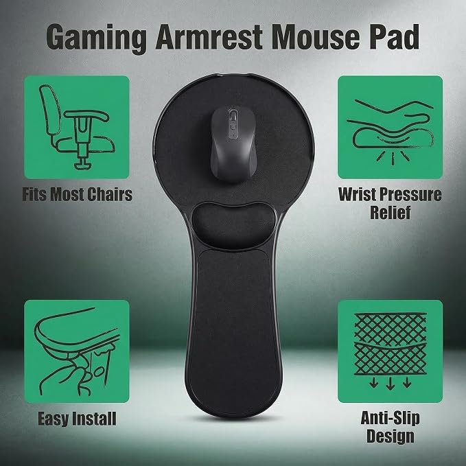 Ergonomic Adjustable Chair Arm Rest Mouse Pad with Wrist Cushion,Mouse Extension Platform Tray with Anti-Fall Baffle, Chair Attachment Arm Support with Straps (Black) - Image 3