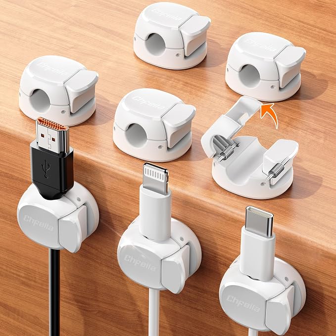 8Pack Cord Organizer [Dual Spring & Clasp] [Max Stability] Cable Clips, Chfeila Cord Holder, Desk Cable Management, Adhesive Wire Organizer for Home Office Desktop Nightstand Car Table Wall - White by Chfeila