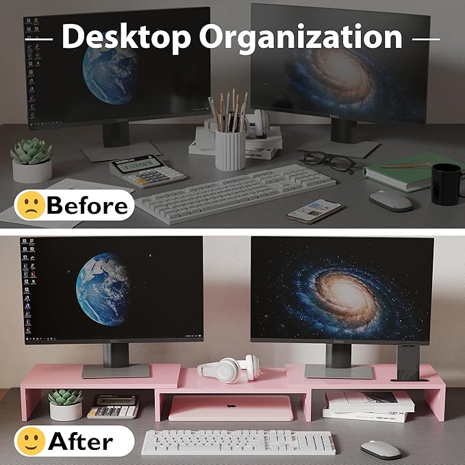 BONTEC Dual Monitor Stand Riser, Adjustable Length & Swivel Angle, Pink | Ergonomic Wooden Desktop Organizer with Smartphone Holder, Computer Monitor Stand for PC, Laptop,Printer and Large Storage - Image 2